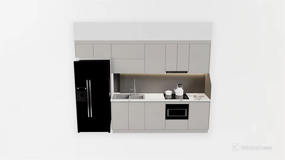 Modern Kitchen With Light Gray Cabinets Black Refrigerator White Countertop And Built In Oven 3d model 