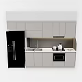 Modern Kitchen With Light Gray Cabinets Black Refrigerator White Countertop And Built In Oven