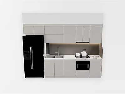 Modern Kitchen With Light Gray Cabinets Black Refrigerator White Countertop And Built In Oven 3d model
