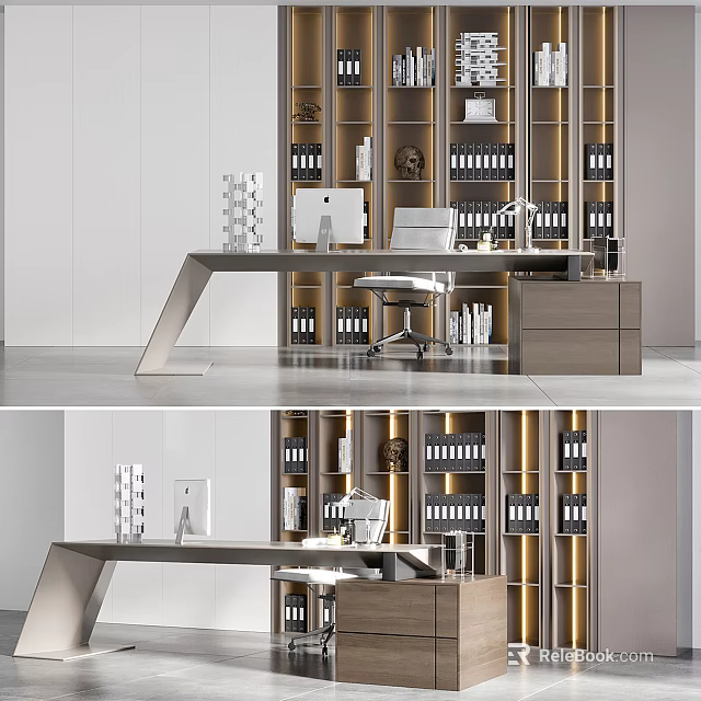 Modern Office Interior With Wooden Desk Bookshelves Filing Cabinets And Ergonomic Chair 3d model 