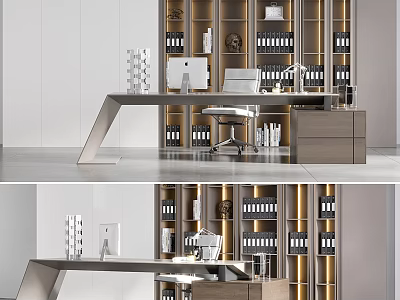 Modern Office Interior With Wooden Desk Bookshelves Filing Cabinets And Ergonomic Chair 3d model