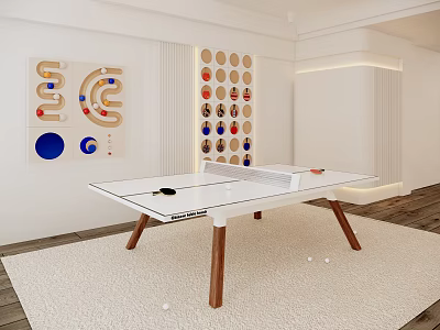 Modern Indoor Ping Pong Table Sports Equipment With Wooden Legs And Decorative Wall Design 3d model