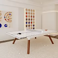 Modern Indoor Ping Pong Table Sports Equipment With Wooden Legs And Decorative Wall Design