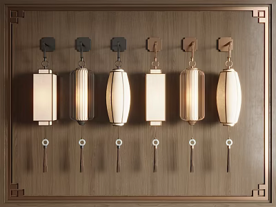Six Chinese Style Decorative Wall Sconces on Wooden Background with Various Shapes 3d model