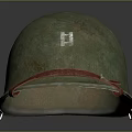 Worn Green Military Helmet With Red Strap And White Emblem Design Details