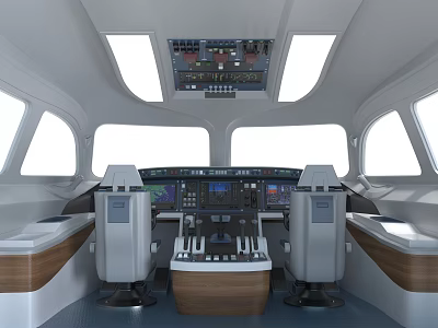 Modern Aircraft Cockpit Interior With Control Panels Seats And Large Windows 3d model