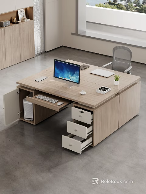 Wooden Office Desk With Computer Monitor Keyboard Mouse Notebook Open Drawers And Potted Plant 3d model 