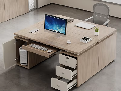 Wooden Office Desk With Computer Monitor Keyboard Mouse Notebook Open Drawers And Potted Plant 3d model