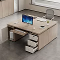 Wooden Office Desk With Computer Monitor Keyboard Mouse Notebook Open Drawers And Potted Plant