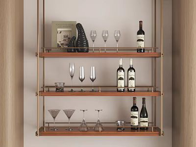 Stylish Multi Tiered Wine Rack With Golden Metal Frame Holding Wine Bottles And Glasses 3d model