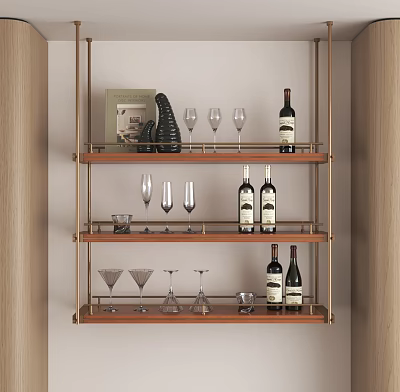 Stylish Multi Tiered Wine Rack With Golden Metal Frame Holding Wine Bottles And Glasses 3d model
