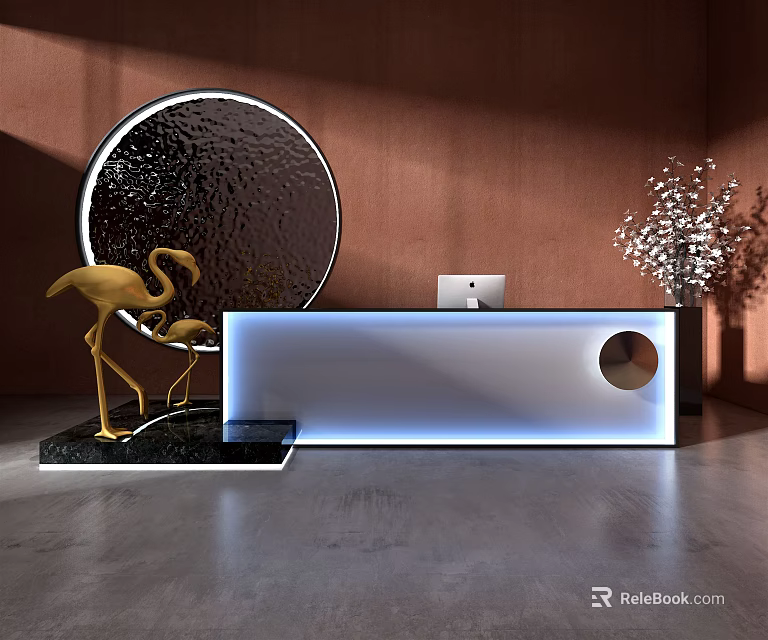 Luminous Modern Reception Desk With Golden Flamingo Decor Black Circular Decor And White Computer Monitor 3d model 