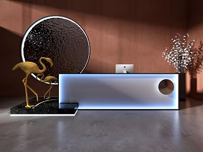 Luminous Modern Reception Desk With Golden Flamingo Decor Black Circular Decor And White Computer Monitor 3d model
