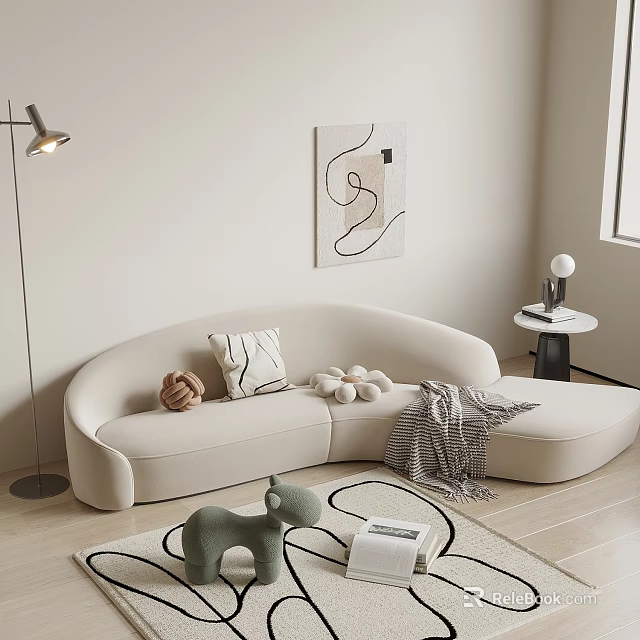 Beige Curved Sectional Sofa With Pillows Blanket Abstract Wall Art Floor Lamp Kids Toy 3d model 