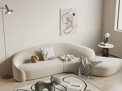 Beige Curved Sectional Sofa With Pillows Blanket Abstract Wall Art Floor Lamp Kids Toy 3d model