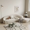 Beige Curved Sectional Sofa With Pillows Blanket Abstract Wall Art Floor Lamp Kids Toy