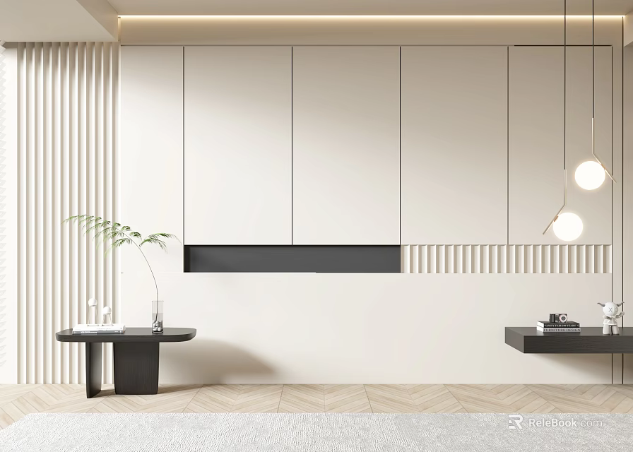 Modern Minimalist Bedroom Accent Wall With Slatted Panels And Pendant Lights 3d model 