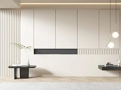 Modern Minimalist Bedroom Accent Wall With Slatted Panels And Pendant Lights 3d model