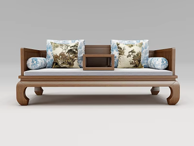 Traditional Wooden Daybed with Patterned Cushions and Central Small Table 3d model