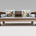 Traditional Wooden Daybed with Patterned Cushions and Central Small Table 3d model