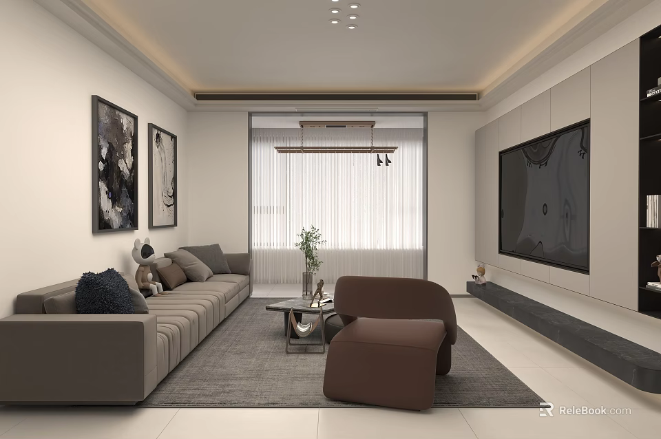 Modern Living And Dining Room Interior With Grey Sofa Accent Chair And Wall Art 3d model 