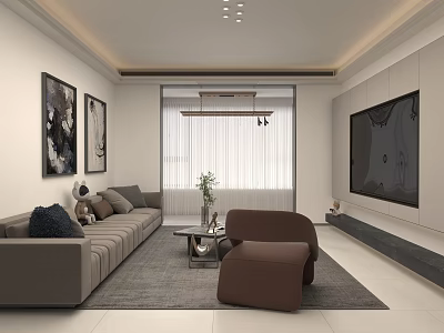 Modern Living And Dining Room Interior With Grey Sofa Accent Chair And Wall Art 3d model