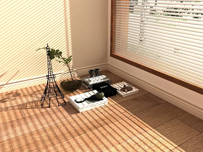 Cozy Window Corner With Wooden Floor Sunlight Shadows Eiffel Tower Model Small Plant And Books 3d model