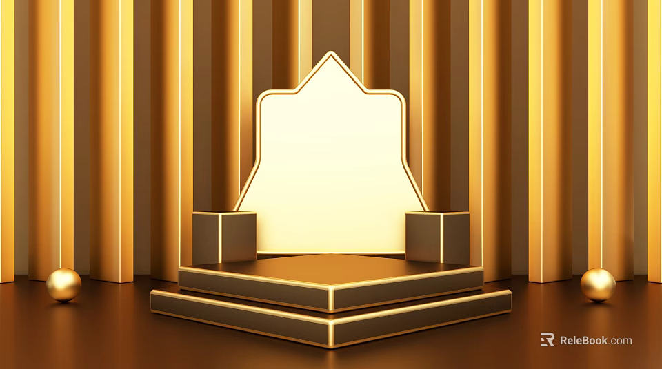 Luxurious Golden Display Shelf With Multi Tiered Design And Striped Backdrop 3d model