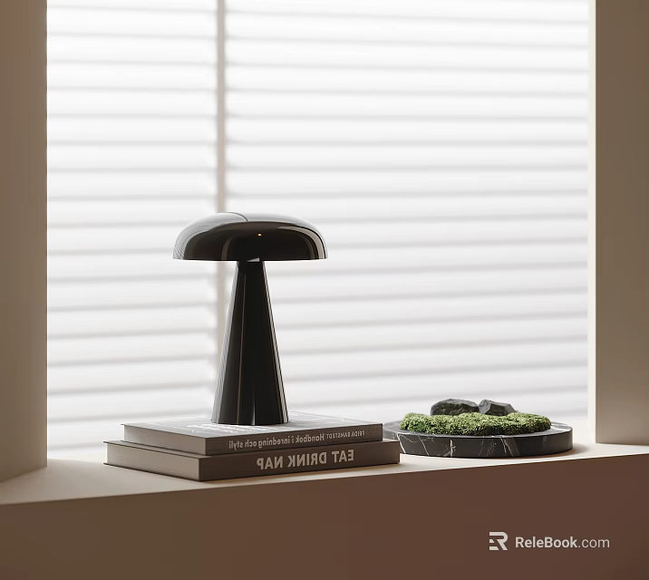Modern Black Mushroom Shaped Table Lamp With Books And Moss On Windowsill 3d model 