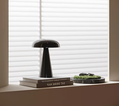 Modern Black Mushroom Shaped Table Lamp With Books And Moss On Windowsill 3d model