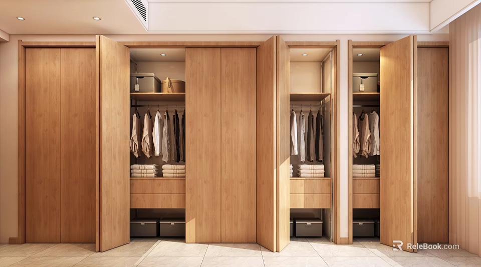 Modern Wooden Wardrobe Interior With Hanging Clothes Drawers And Storage Boxes 3d model 