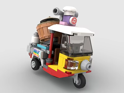 Building Block Tuk Tuk With White Roof Yellow Red Body Headlights Driver Seat And Barrel 3d model