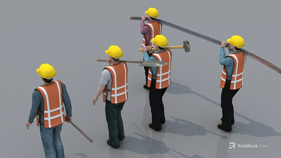 Men Wearing Yellow Hard Hats And Orange Safety Vests Carrying Tools At Construction Site 3d model 
