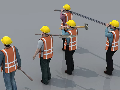 Men Wearing Yellow Hard Hats And Orange Safety Vests Carrying Tools At Construction Site 3d model