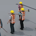 Men Wearing Yellow Hard Hats And Orange Safety Vests Carrying Tools At Construction Site