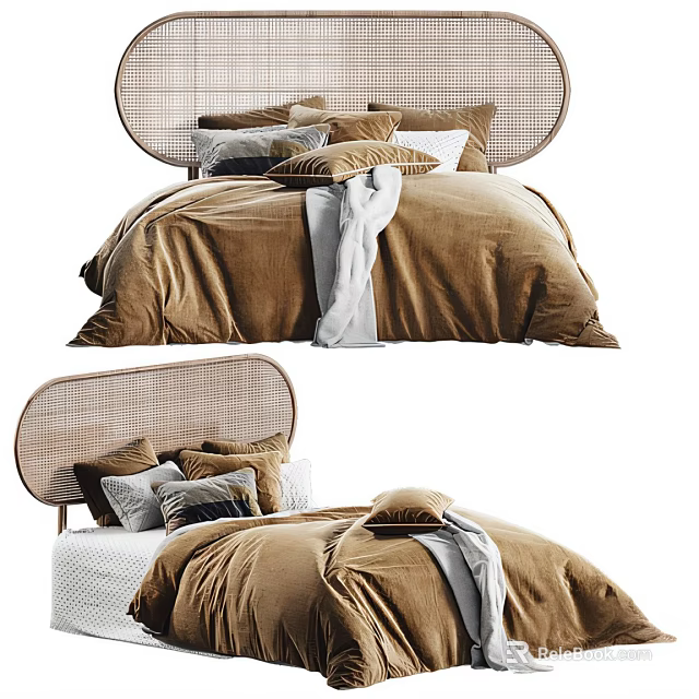 Double Bed With Modern Wicker Headboard Brown Bedding Pillows And Soft Blanket 3d model