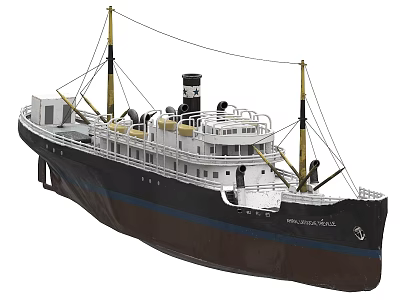 Vintage Warship Model With Black Brown Hull White Superstructure And Masts 3d model