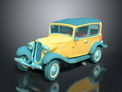 Classic Yellow Vintage Car Model With Blue Roof And Retro Design 3d model