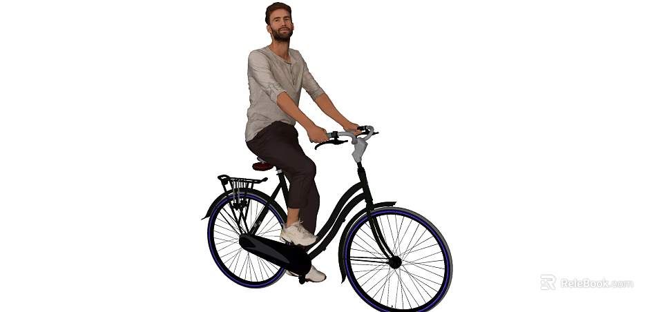 Man riding black bicycle with rear rack wearing gray shirt dark pants and white shoes 3d model 