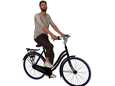 Man riding black bicycle with rear rack wearing gray shirt dark pants and white shoes 3d model