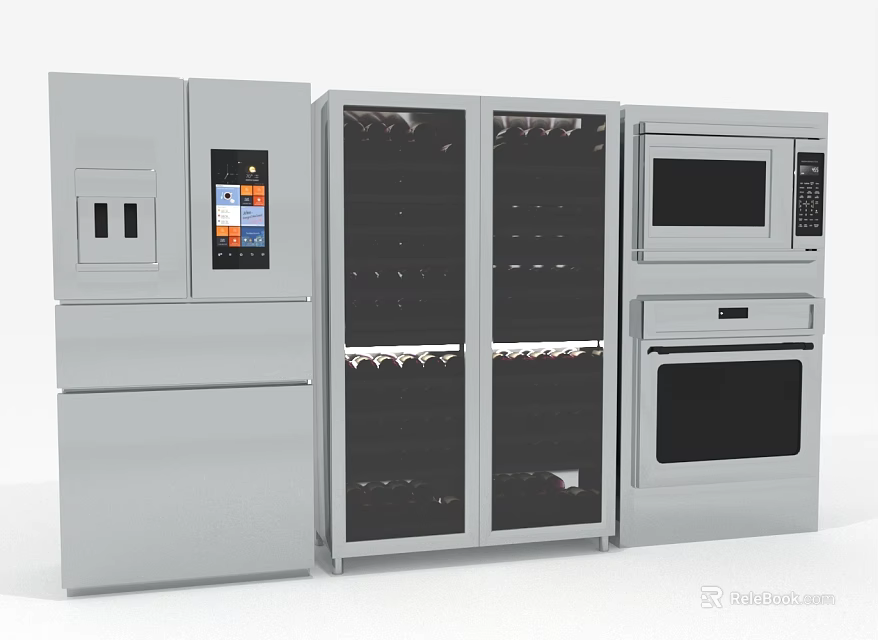 Modern Kitchen Interior With Stainless Steel Refrigerator Glass Door Wine Cooler Microwave And Oven 3d model 