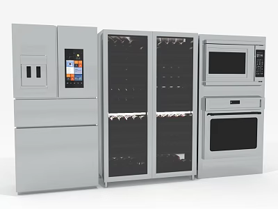 Modern Kitchen Interior With Stainless Steel Refrigerator Glass Door Wine Cooler Microwave And Oven 3d model