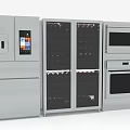 Modern Kitchen Interior With Stainless Steel Refrigerator Glass Door Wine Cooler Microwave And Oven