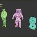 Three Characters Including Man In Light Suit Astronaut And Kneeling Man With Yellow Object 3d model