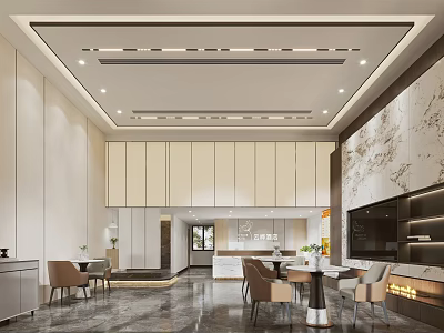 Modern Hotel Lobby Interior Design With Open Space Ceiling Lighting And Stone Wall Furniture 3d model