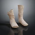 Beige Leather Boots With Wrinkled Design Standing And Tilted On Dark Background With Reflection