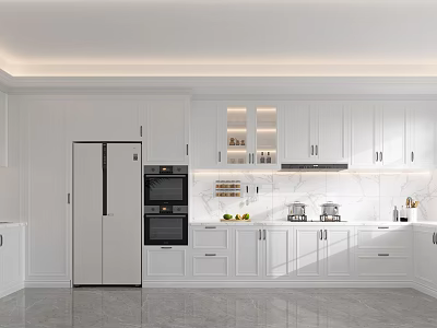 Modern White Kitchen Interior With Cabinets Double Door Fridge And Oven 3d model