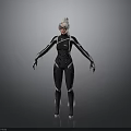 Female Superhero Character In Black Tight Suit With White Hair And Mask