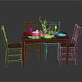 Modern Wooden Dining Table Set With Four Chairs And Tableware Decorations