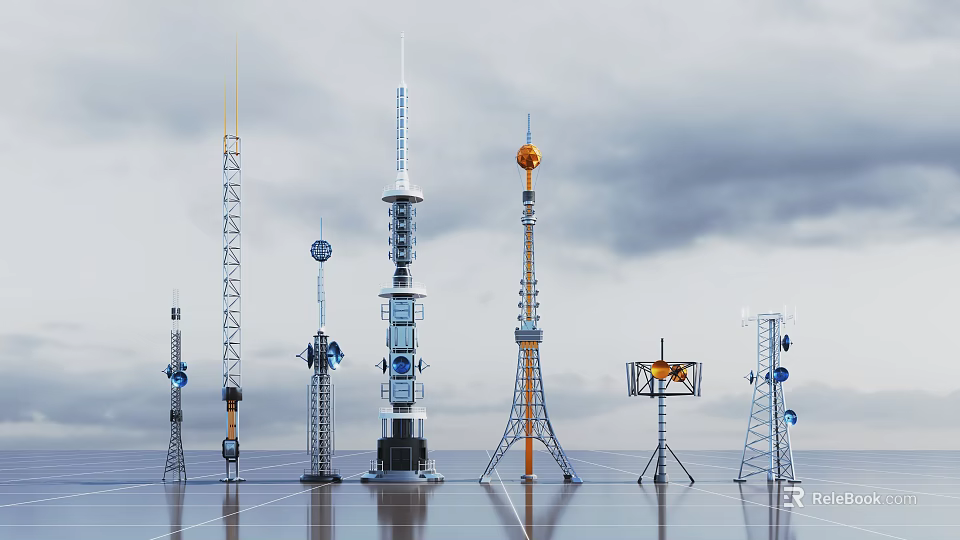 Diverse Telecommunication Towers With Various Antennas Heights And Metal Structures 3d model 